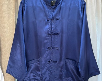 Vintage royal blue satiny Asian inspired top M/L, trapunto stitched trim Oriental tunic top M/L, dark blue toggle buttons traditional blouse