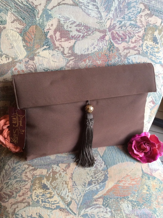 Vintage large woven satin brown evening clutch, bi