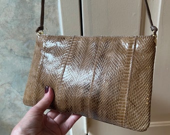 Vintage tan genuine snake skin shoulder or clutch bag, made Hong Kong snake skin purse, never used light brown snake skin occasional bag