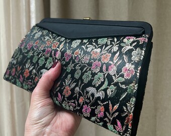 Vintage black metallic flowers evening clutch, metallic floral embroidery formal handbag, black floral purse, retro floral metallic clutch