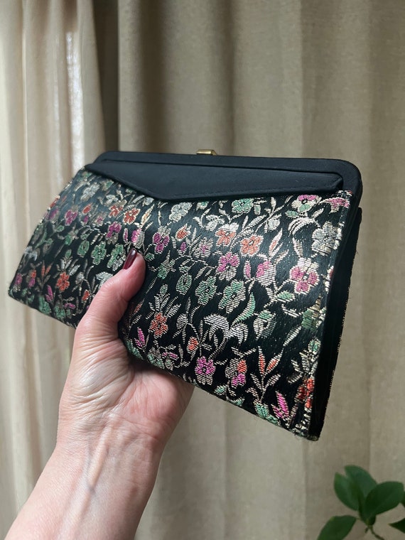 Vintage black metallic flowers evening clutch, met