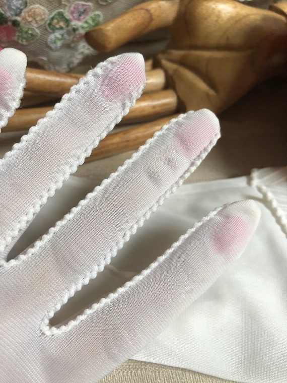 Vintage ivory semi sheer nylon bride's gloves, tu… - image 9