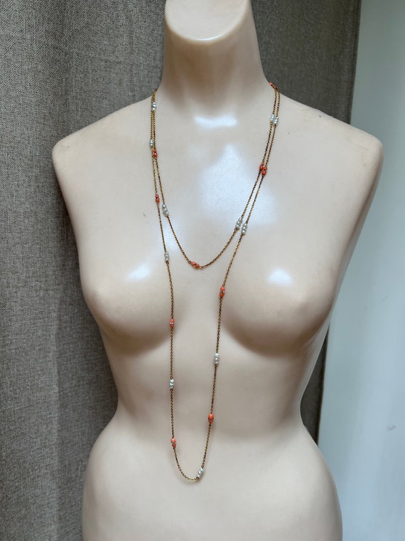 Vintage dainty faux coral pearl station chain 60"… - image 8