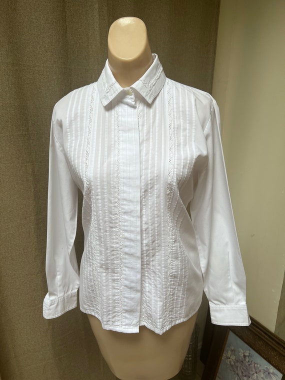 Vintage cotton blend white tucked blouse 6P, white