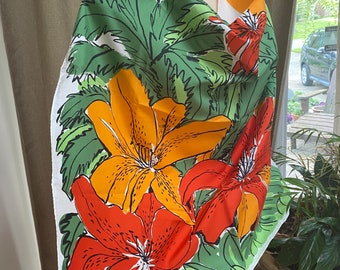 Vintage bright tropical flowers Vera scarf, orange yellow green floral scarf, exotic florals scarf, bright lilies flowers scarf, Vera scarf