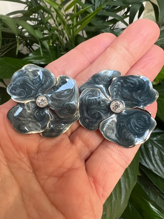 Vintage big blue/grey enamel flower clip earrings,
