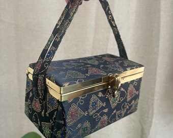 Vintage boxy Oriental fans pattern boxy handbag, black gold embroidered Asian pattern structured boxy purse, Edwards Ltd dressy purse