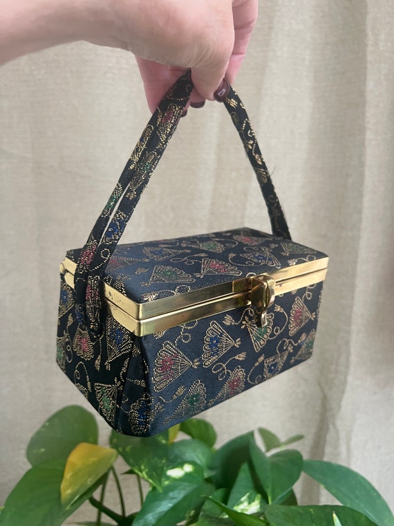 Vintage boxy Oriental fans pattern boxy handbag, … - image 1
