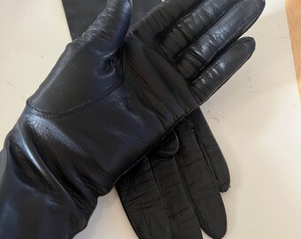 Vintage black leather Grandoe mid arm gloves 6, silk lined black high arm leather gloves 6, classic midcentury black high gloves S