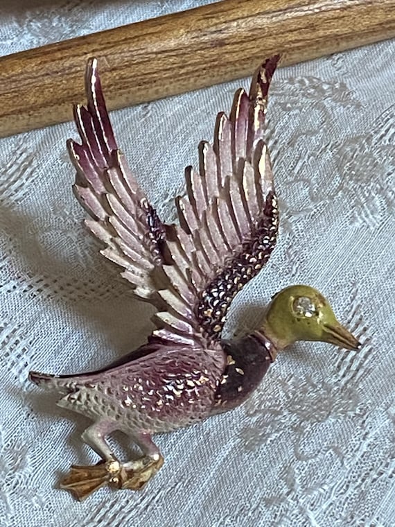 Vintage Mamselle flying duck brooch, brown mauve … - image 7