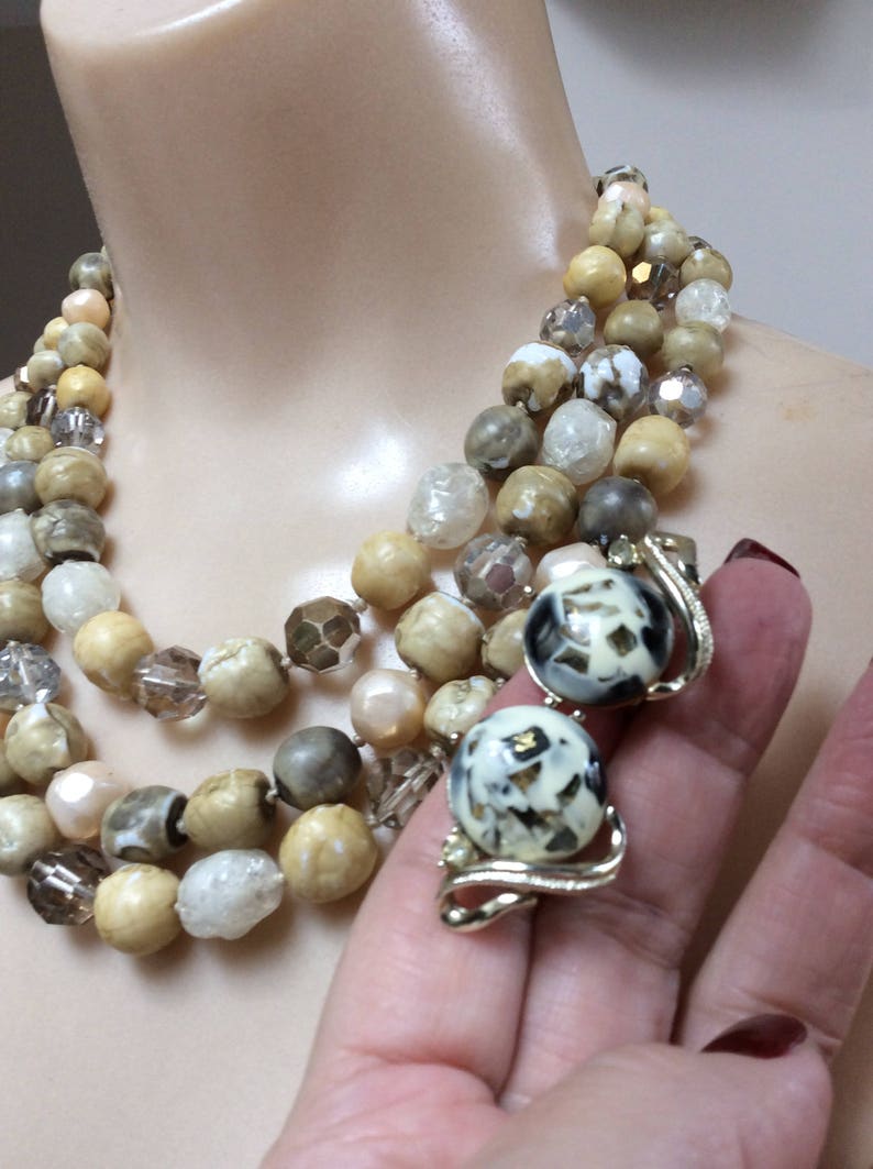 Vintage Retro 3 Strand Beige Grey Bead Necklace Multi Beads - Etsy