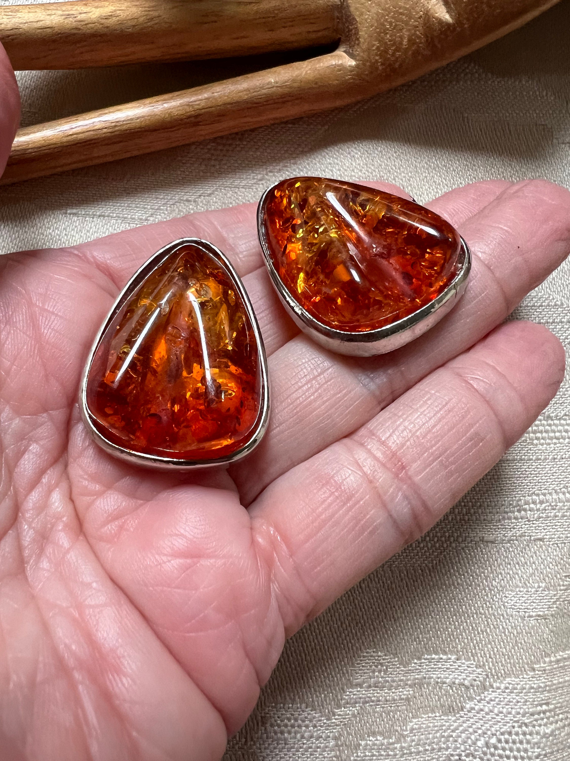 Paire De Boucles D'oreilles Vintage Clips Imitation Ambre - Occasion, Bon état D'usage
