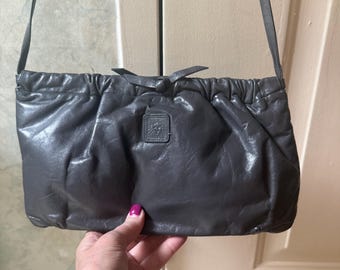 Vintage grey leather Anne Klein shoulder bag/clutch, deep gray leather AK clutch/shoulder bag, Anne Klein gray occasional purse
