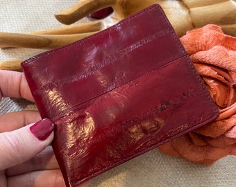 Vintage burgundy eel skin slim bifold wallet, dark red genuine eel skin bilfold, men's eel skin bilfold, genuine eel skin men's wallet