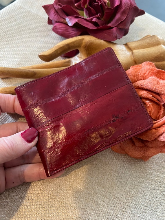 Vintage burgundy eel skin slim bifold wallet, dark