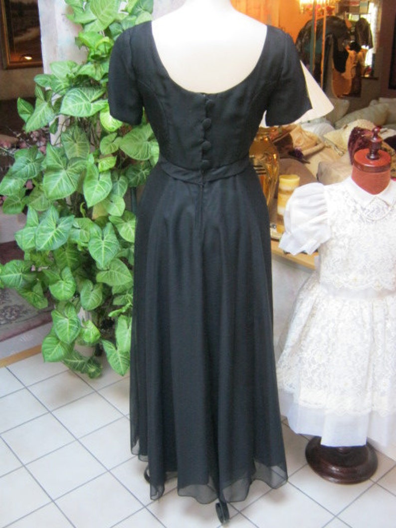 empire waist button back black gown classic black gown size S made USA Vintage midcentury black evening dress