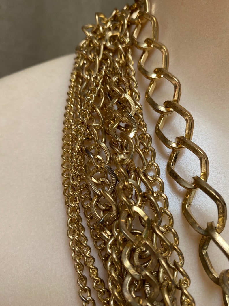 Vintage multi strand goldtone chain link necklace, 10 strand multi size chains necklace, multi chain necklace earrings set, statement set 画像 2