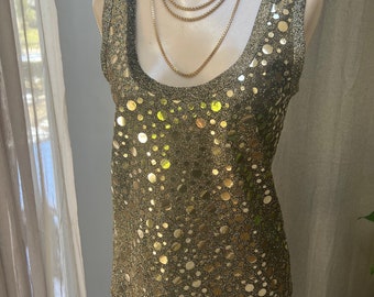 Vintage disco style gold sequins tank top S/4, gold black big sequins sweatery tank top 4, made USA gold paillet disco top S