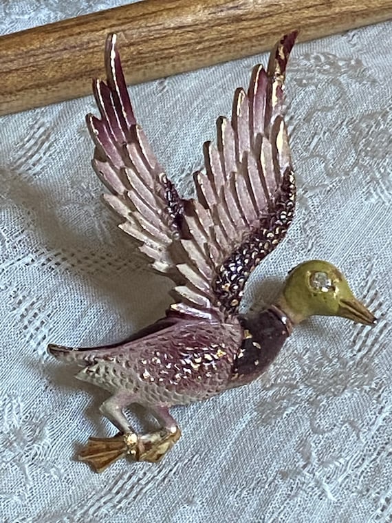 Vintage Mamselle flying duck brooch, brown mauve … - image 2