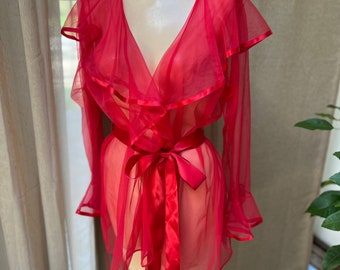 Vintage sheer red ruffle collar short wrap robe S, Cinema Etoile sheer red ruffle capelet sexy robe S, short sheer red robe S, red lingerie