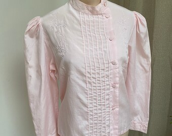 Vintage pale pink silk blend embroidered blouse, hand embroidered palest pink Asian look blouse M, tucked embroidered silk blend blouse