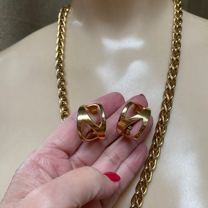 Vintage Monet 36&quot; double link bold chain, Napier modern gold plate hoop earrings, geometric statement jewelry set