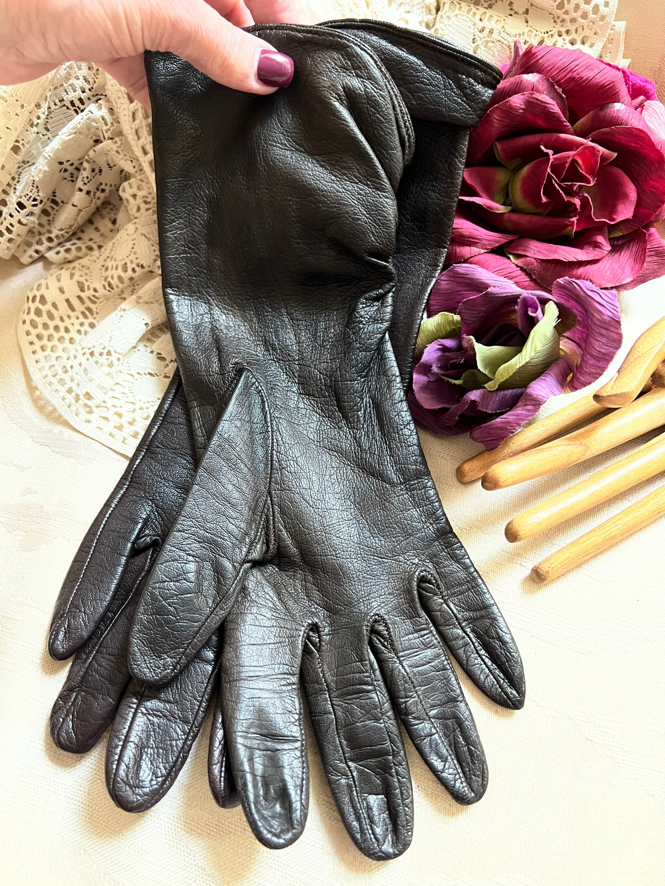 Vintage Dark Brown Leather GUCCI Mid Arm Gloves 7.5 - 8, Ruched