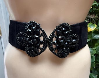 Vintage bold black glass buckle belt M, big black glass buckle belt 30", black glass buckle leather/suede belt S/M, black statement belt S/M