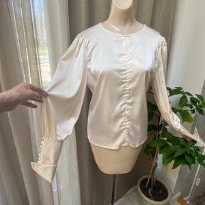 Vintage warm beige silky feel romantic blouse S/M, deep button cuffs dressy beige blouse, full sleeves dramatic turned back cuffs blouse