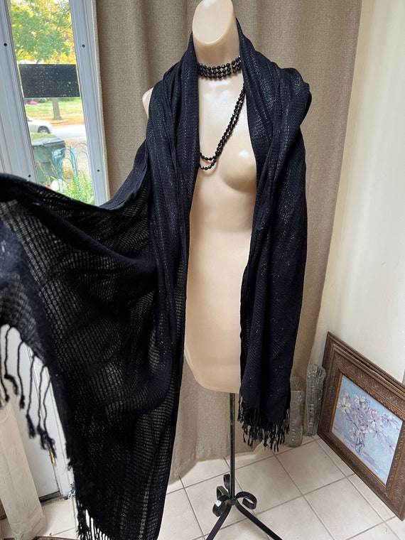 Vintage black woven oversized shawl wrap, tiny gl… - image 3