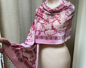 Vintage pink tones beaded fringe shoulder wrap TO REPAIR,  burnout beaded pink velvet shoulder scarf, burnout velvet pink wrap