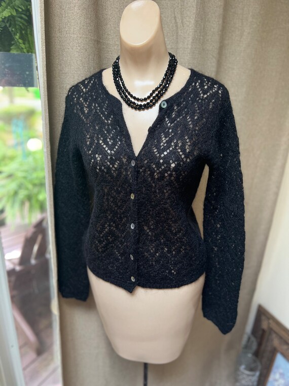 Vintage Black Mohair Acrylic Open Weave Cardigan Sweater S, Fuzzy 
