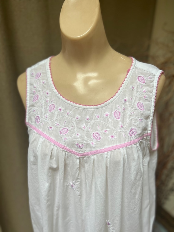 Vintage White Cotton Pink Embroidery Midcalf Night Gown M L Made