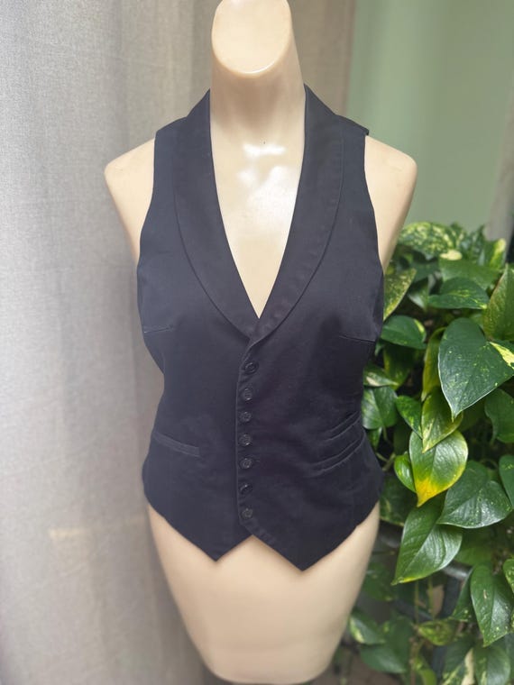 Vintage XS/S woman black cotton vest, H&M black button up vest, bartender look black vest S, black cotton blend fitted buttons vest S