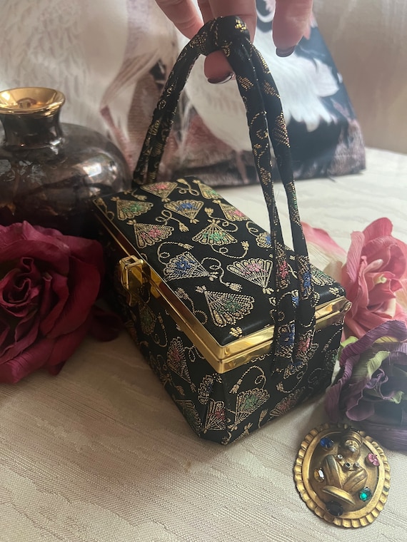 Vintage boxy Oriental fans pattern boxy handbag, … - image 7