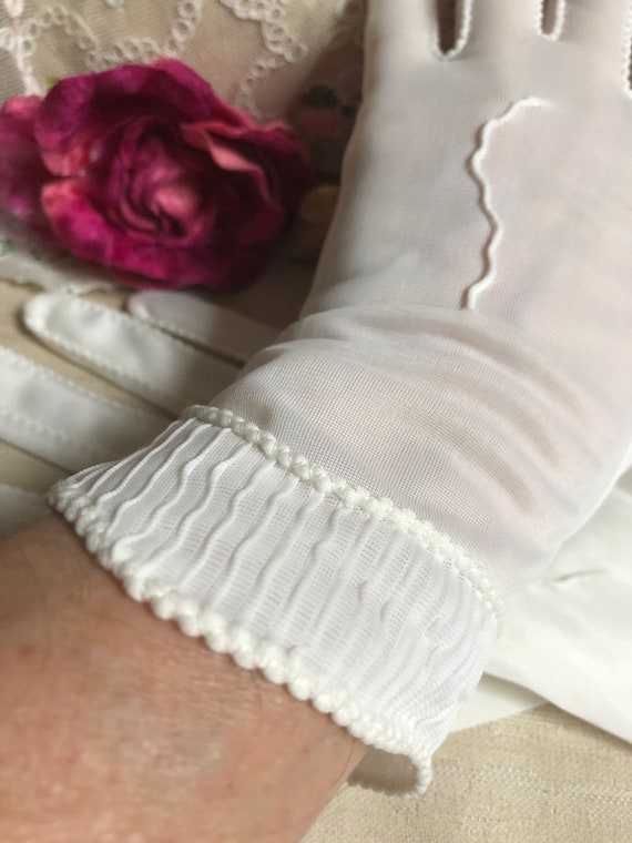 Vintage ivory semi sheer nylon bride's gloves, tu… - image 3