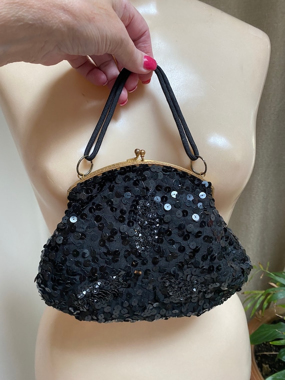 Vintage black sequins fabric pouch bag, etched fr… - image 8