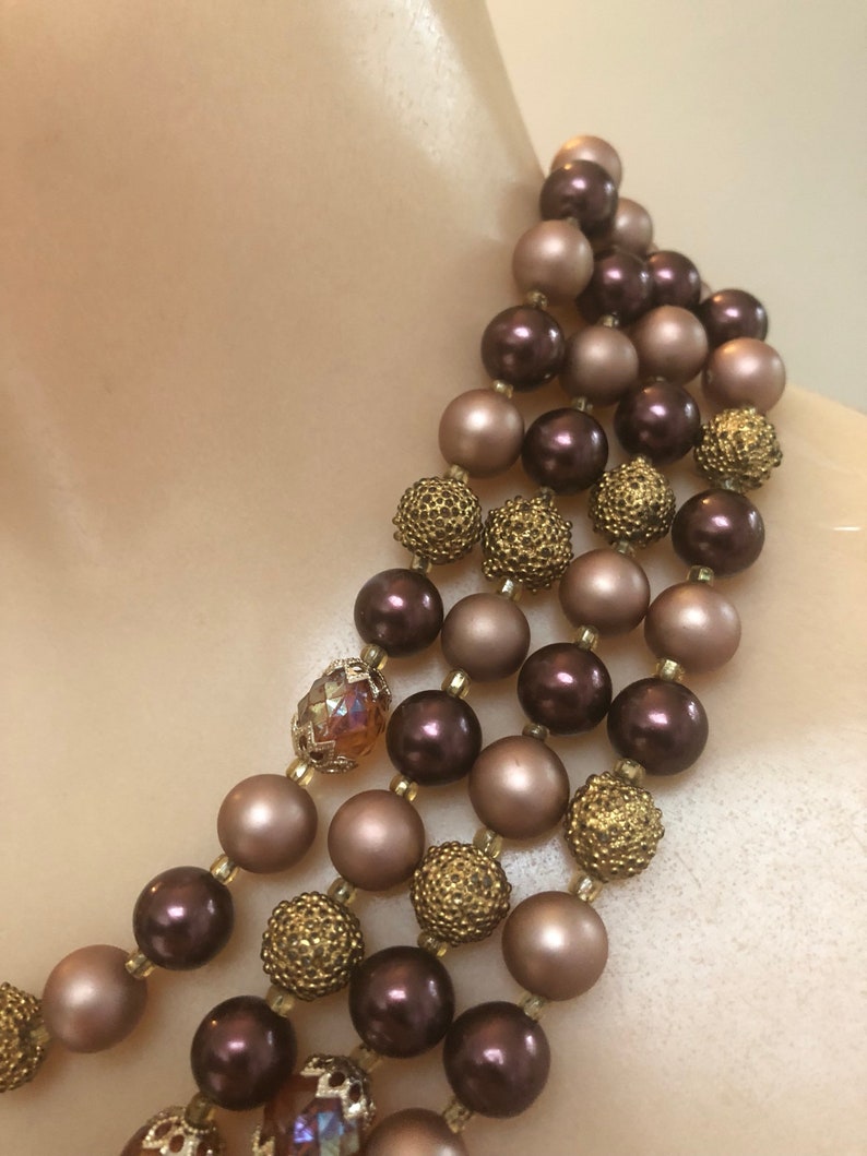 retro brown copper beads multi strand autumn colors bead necklace cluster earrings Vintage 4 strand coppery plum mauve cascading necklace
