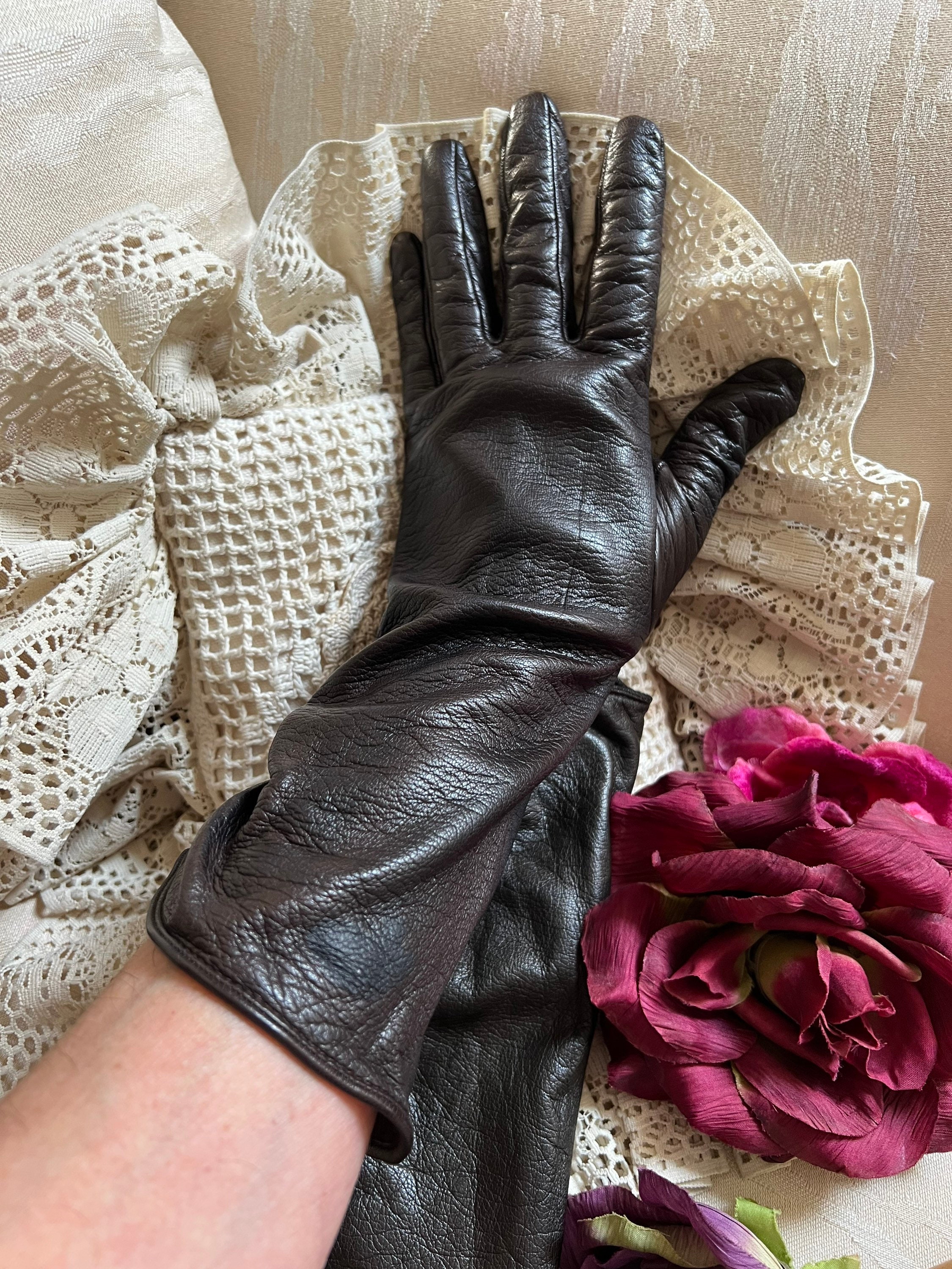 Vintage Dark Brown Leather GUCCI Mid Arm Gloves 7.5 - 8, Ruched