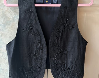 Vintage black shantung silk beaded open front vest S, Liz Claiborne black silk beaded vest S, black silk soutache bead vest S