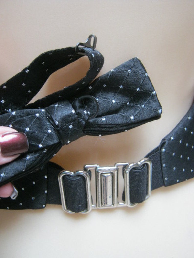 black formal cumberband bow tie with tiny silver detail UNISEX Vintage adjustable black satiny bow tie cumberband set