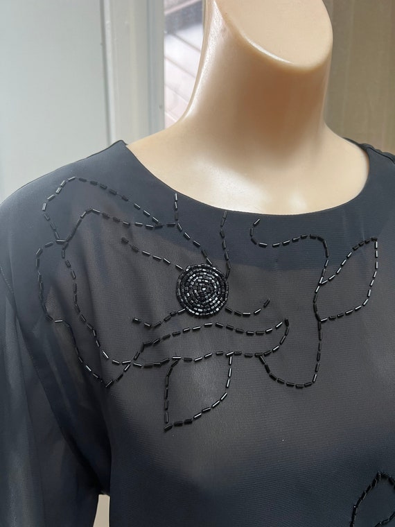 Vintage sheer black bugle beaded evening blouse S… - image 4