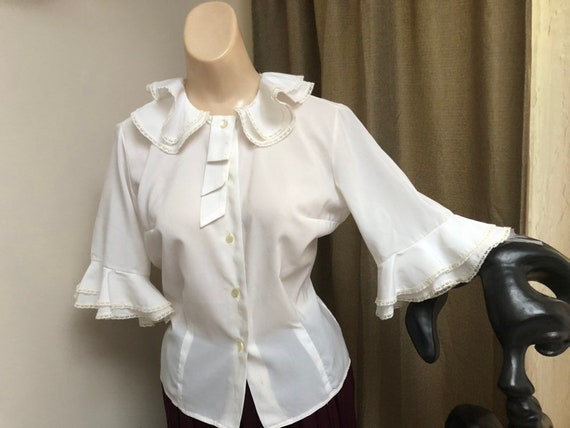 Vintage white double ruffles retro blouse Small, s