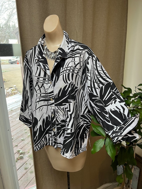 Vintage black white print silk boxy shirt blouse L