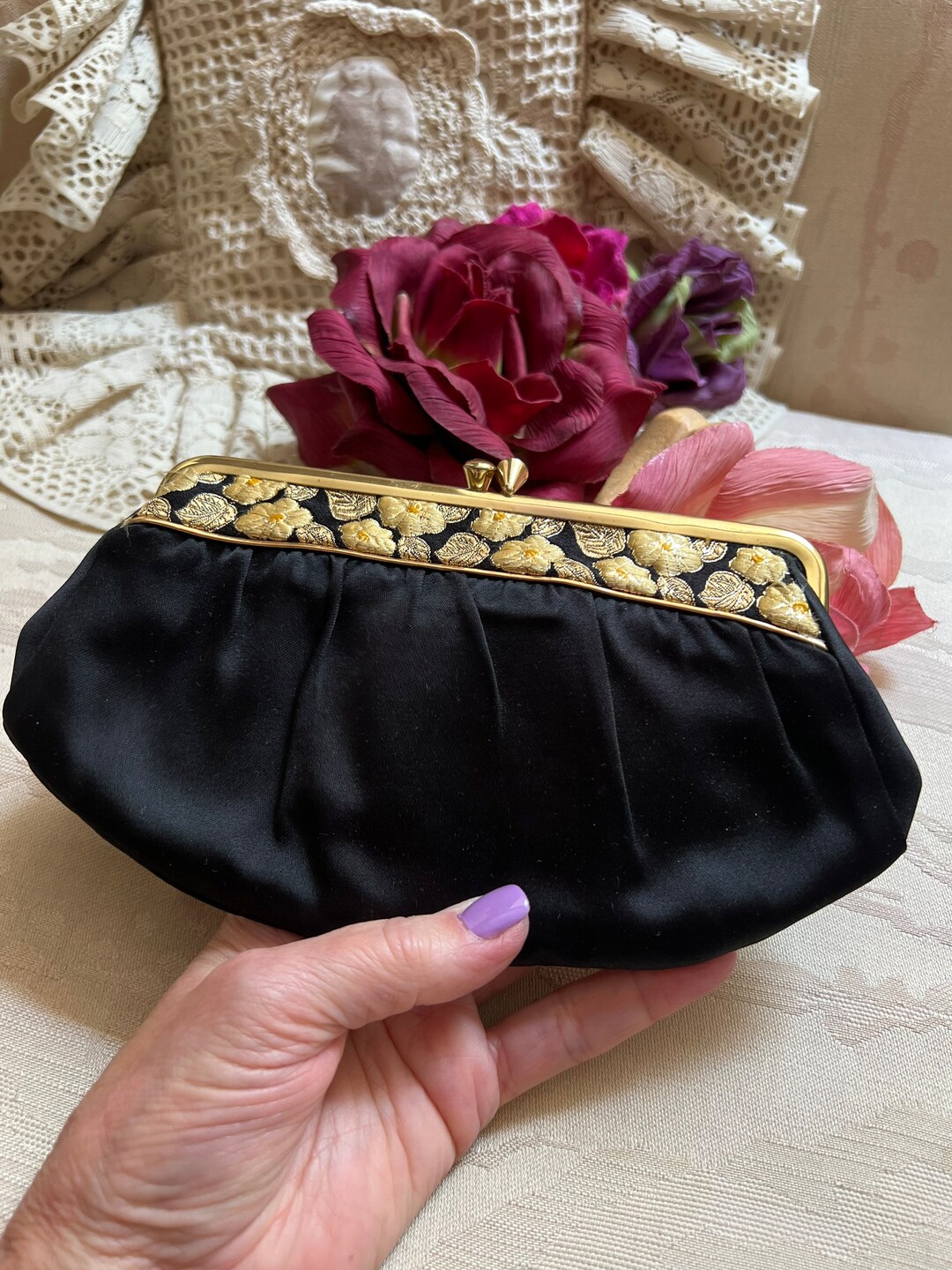 Vintage Small Black Gold Evening Clutch, Black Gold Embroidered Satin — free download