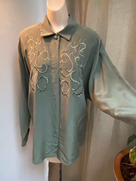 Vintage dusty olive green silk blouse sz 10, anti… - image 8