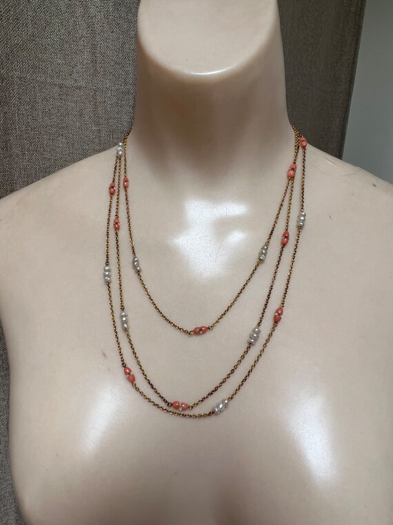 Vintage dainty faux coral pearl station chain 60"… - image 10