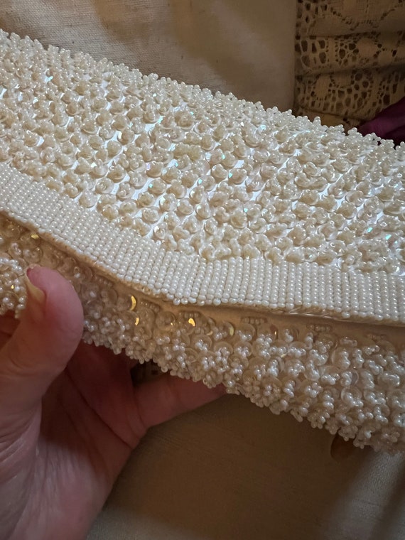 Vintage off white sequins beaded evening clutch, … - image 2