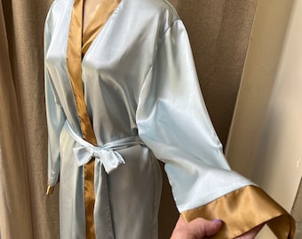 Vintage pale aqua silky wrap tie long robe S, Alexander del Rossa light aqua gold contrast kimono style maxi robe S, elegant silky robe S