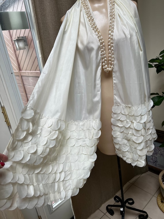 Vintage silky ivory wide fluttery shoulder wrap, B